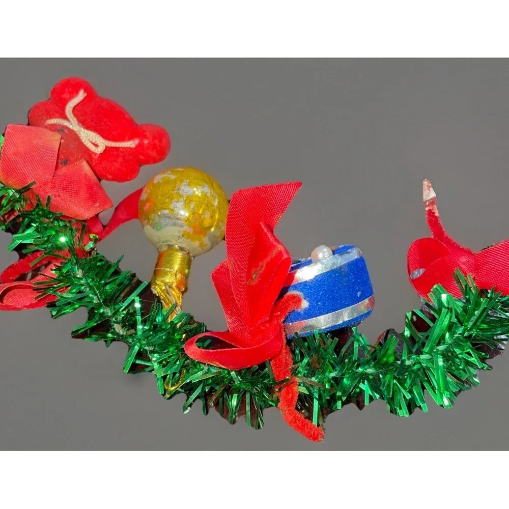 Vtg Green Christmas Garland Satin‎ Balls,Bows,Bears,Bells,Drums One Strand